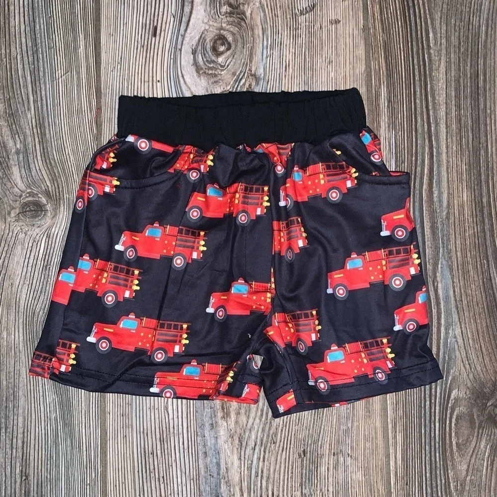 Pete + Lucy Red Tee and Fire Truck Shorts